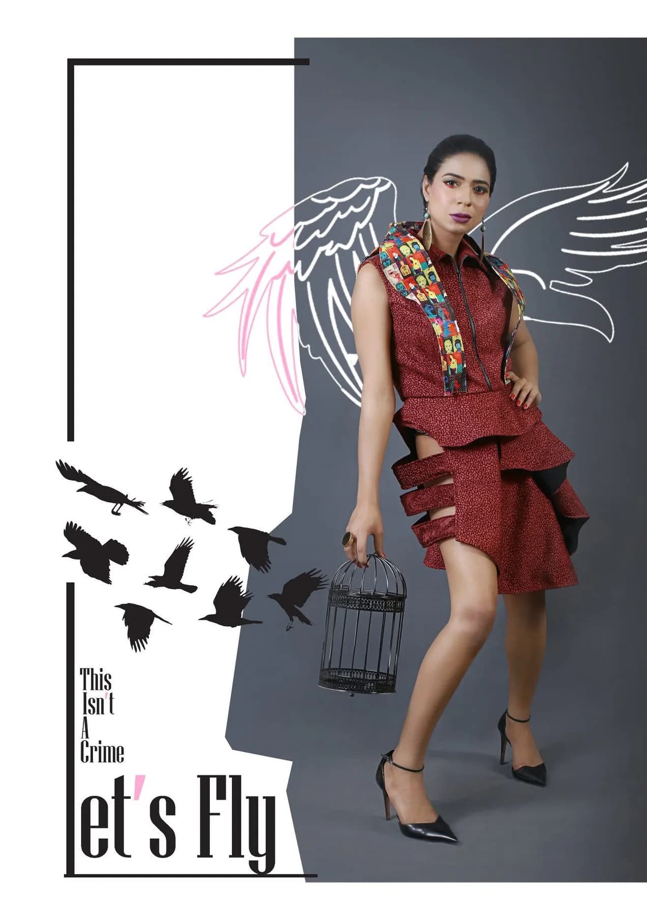 Let's Fly fashion editorial with a model and illustrated wings