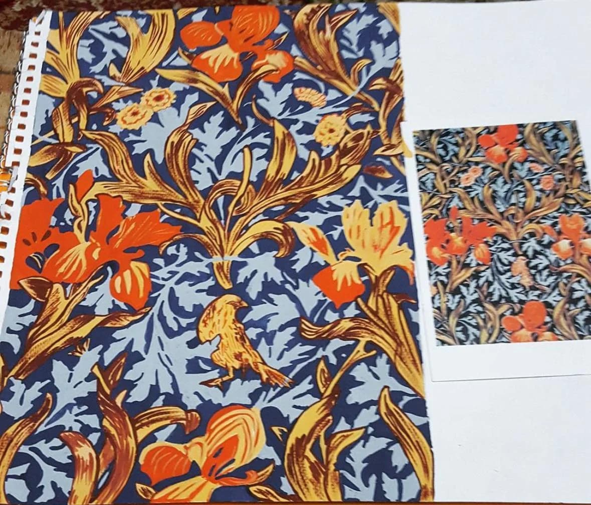 Dense botanical textile pattern with birds and flowers